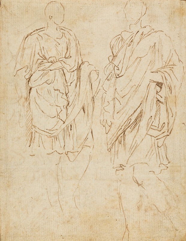 This artwork features two studies of an ancient statue by Nicolas Poussin.