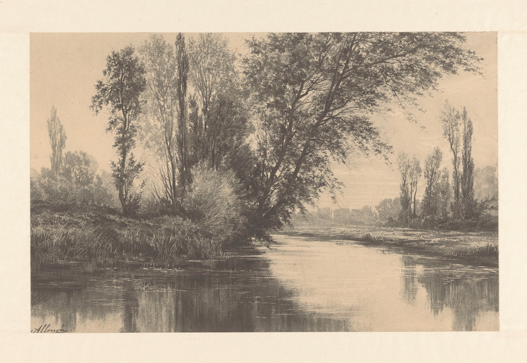 River landscape – Vues d’Hyères by Auguste Allongé, oil painting depicting a tranquil river scene