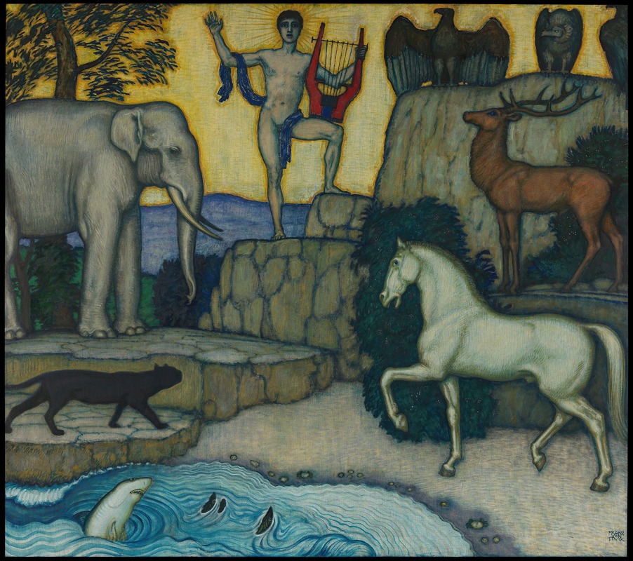 Franz von Stuck's 'Orpheus and the Animals' depicts the legendary musician surrounded by various creatures.