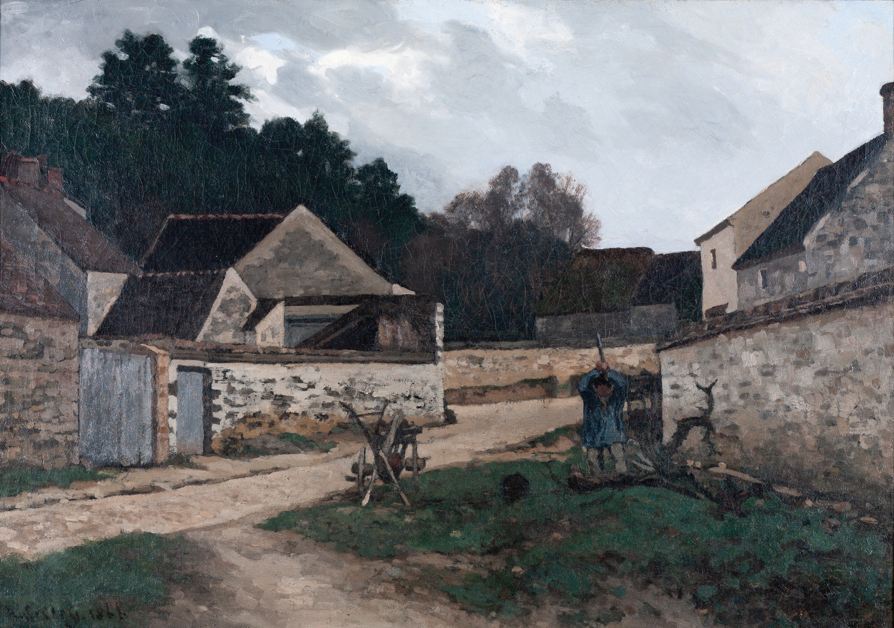 Village street scene with sunlight and trees, oil on canvas by Alfred Sisley