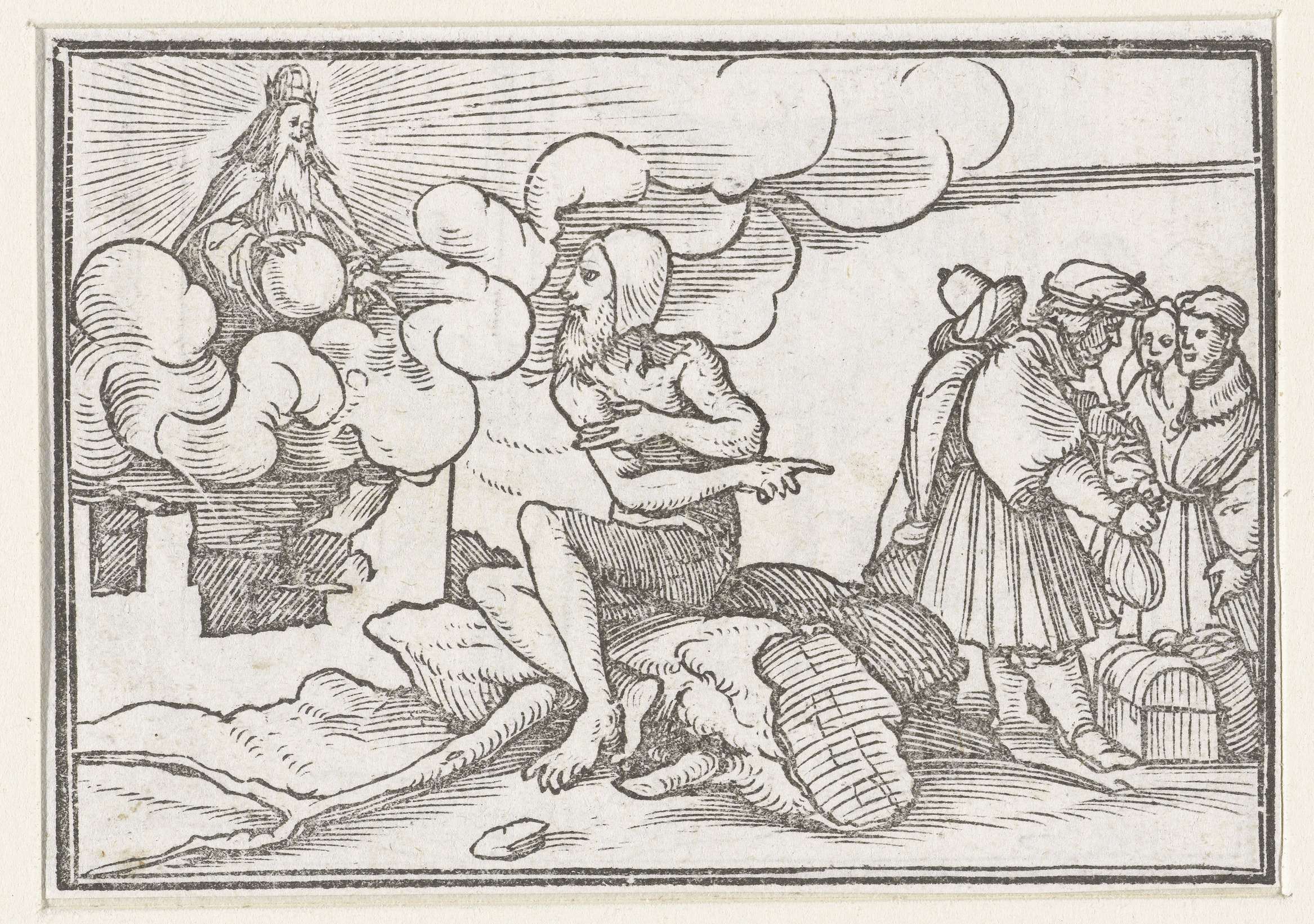 God spreekt Job toe vanuit een storm by Hans Holbein, paper artwork featuring a stormy sky and divine presence.