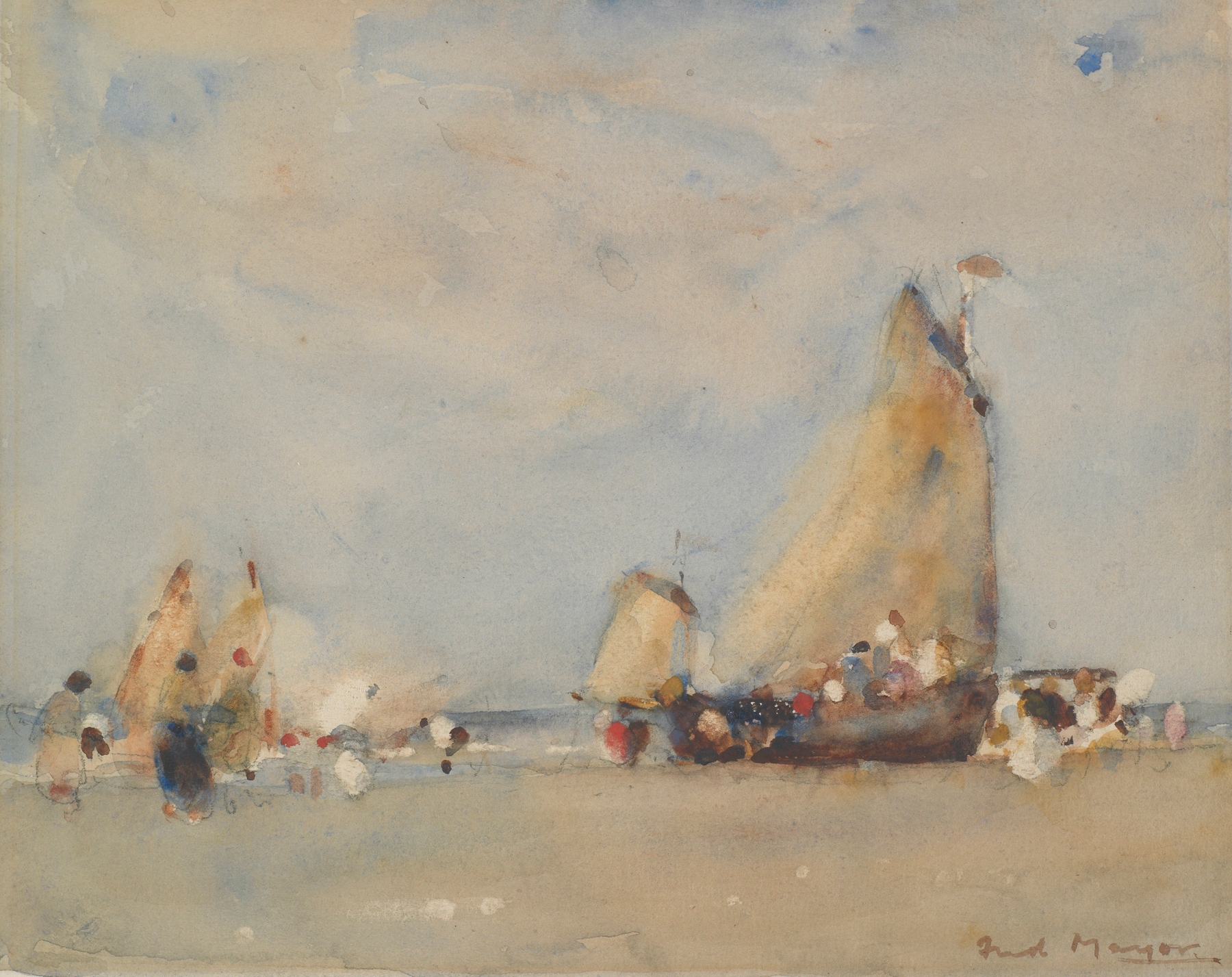Sketch by William Frederick Mayor, ink on paper depicting figures in muted tones.