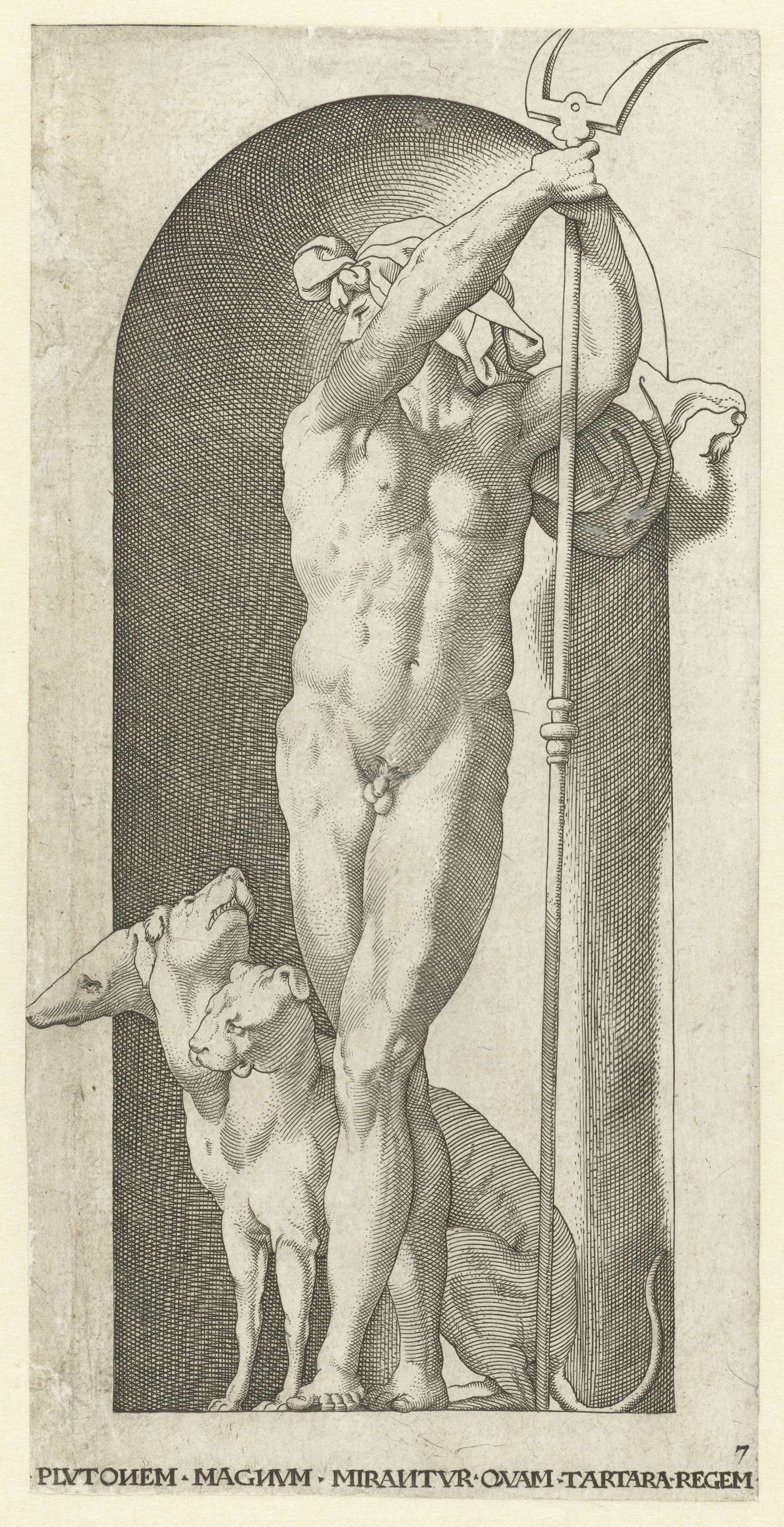 Engraving by Jacob Binck depicting Pluto and Cerberus in a dark landscape