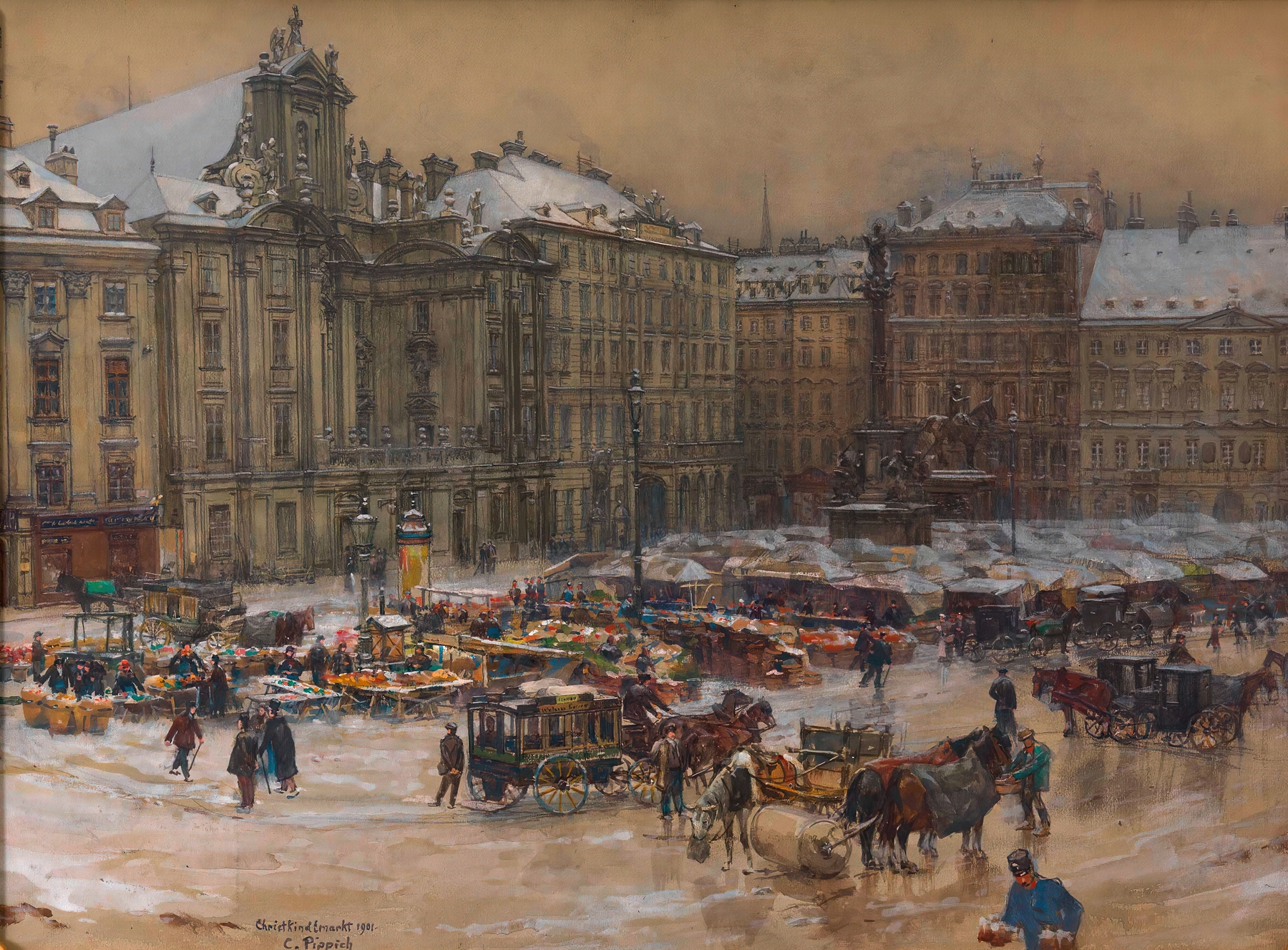 Genre scene of a Christmas market by Carl Pippich, 1901, in an unknown medium.