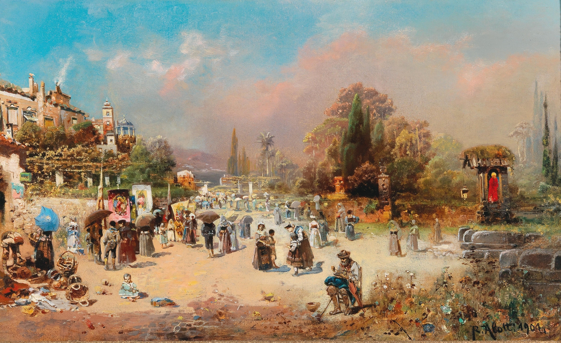 Landscape oil painting by Robert Alott depicting the Via Appia with sunlight and arches