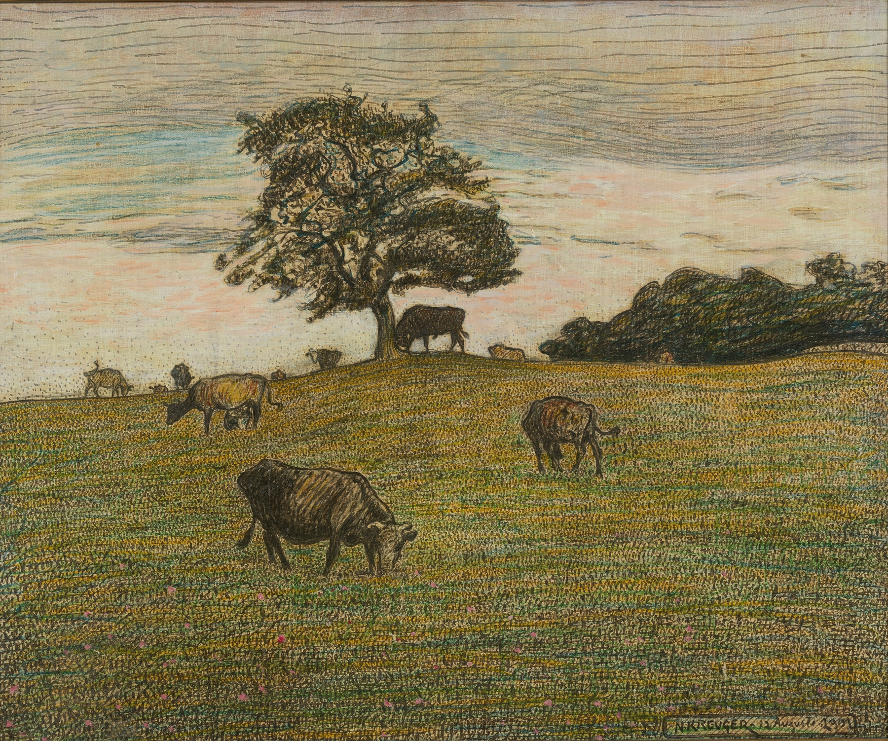 Landscape with horizon and clouds by Nils Kreuger, oil painting