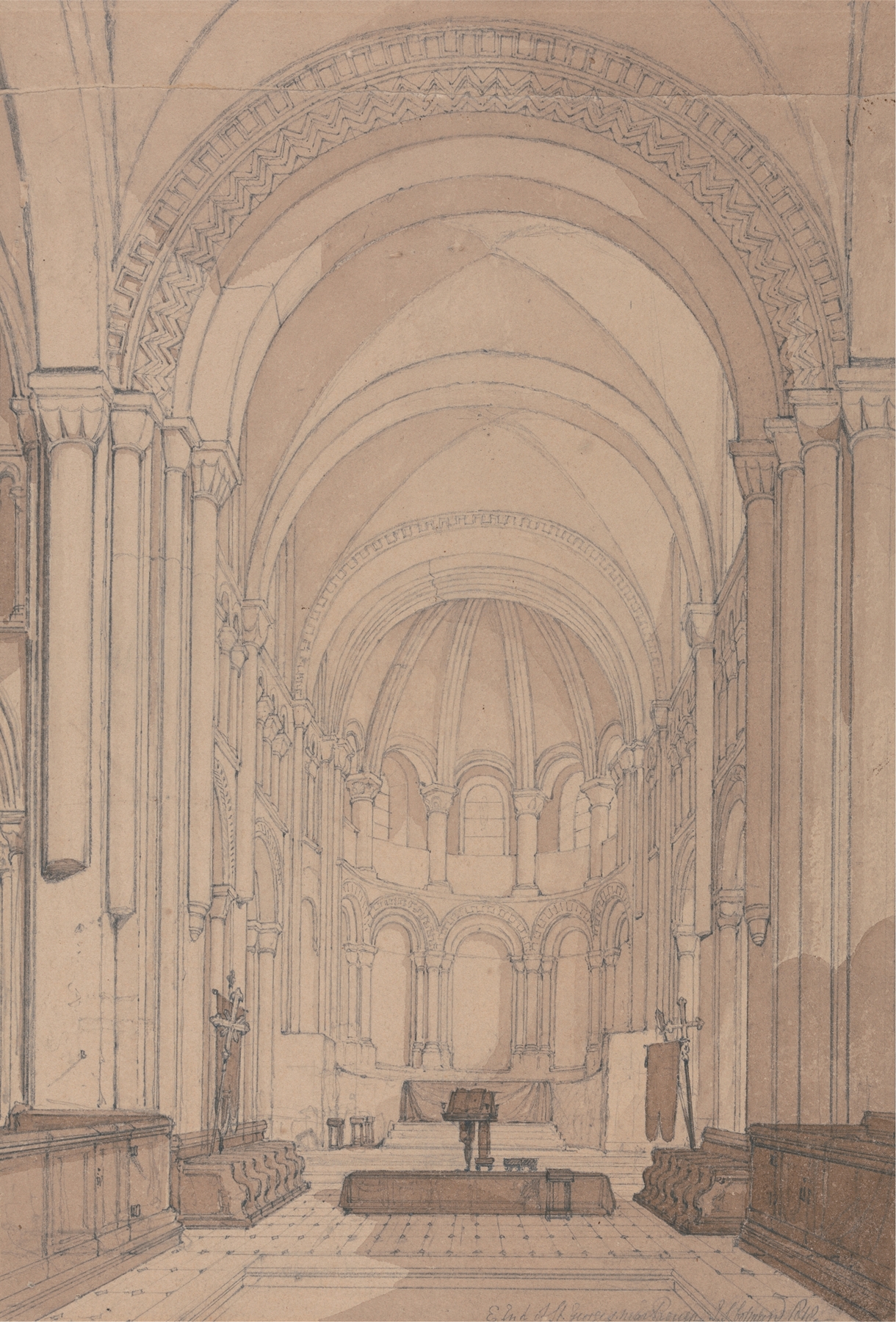East End of the Abbey Church of Saint Georges de Bocherville, near Rouen, Normandy, by John Sell Cotman, public domain
