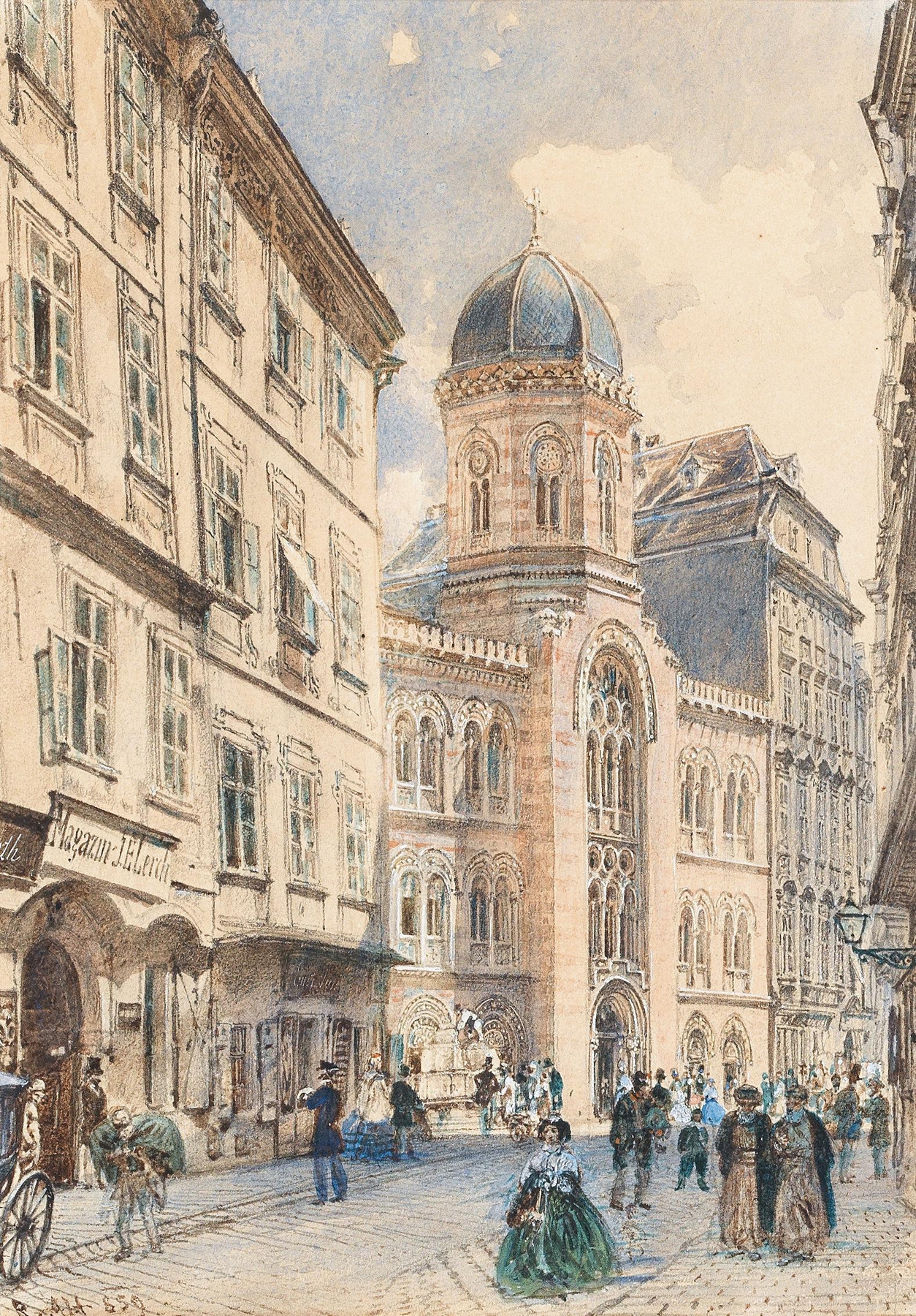 The Fleischmarkt in Vienna with the Greek-Orthodox Church of the Holy Trinity, by Rudolf von Alt, public domain