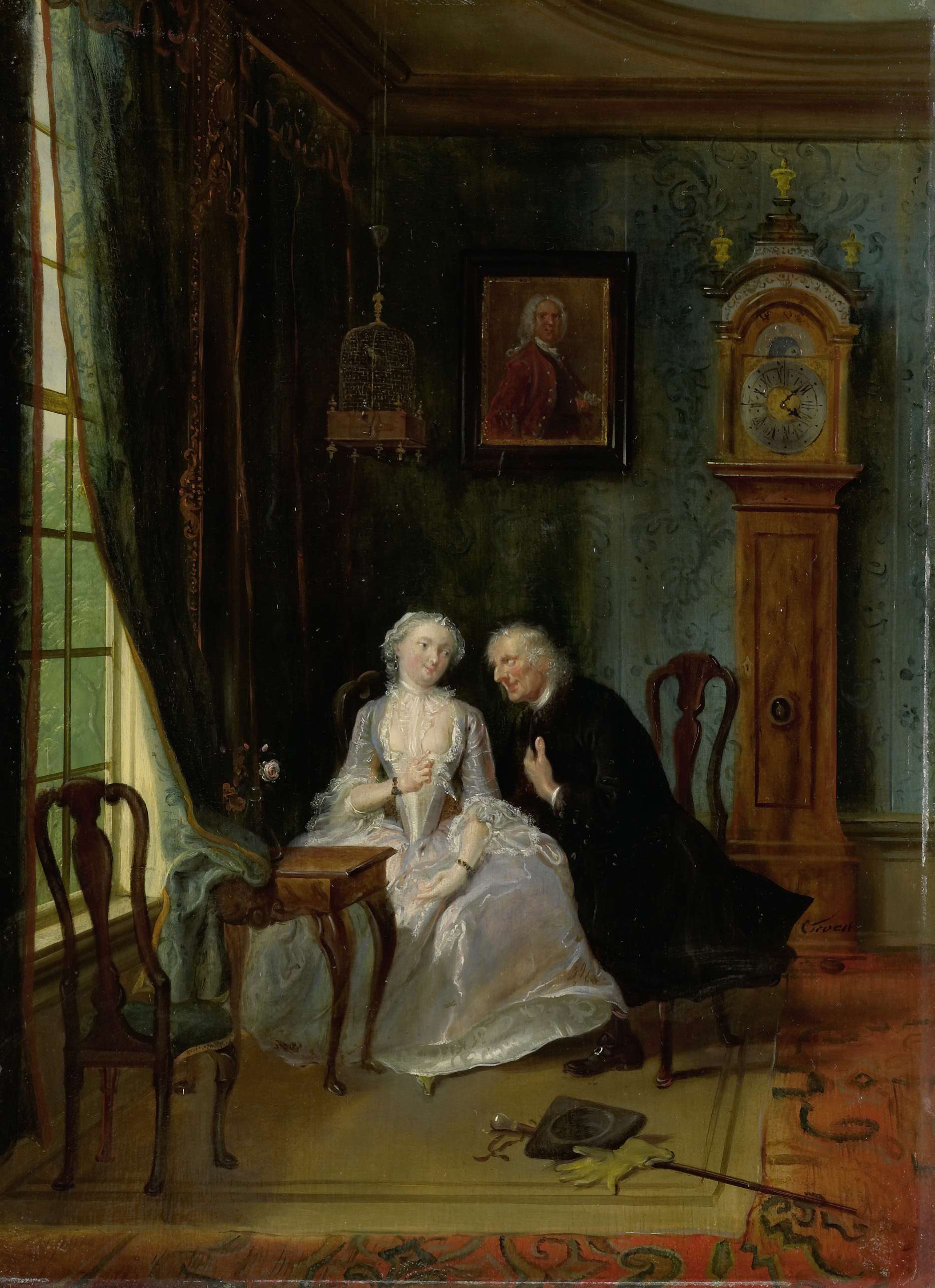 "Unseemly Love, perhaps a scene of the Widower Joost with Lucia, 2nd scene from the play ""De wanhebbelijke liefde"" by CJ van der Lijn ", by Cornelis Troost, public domain