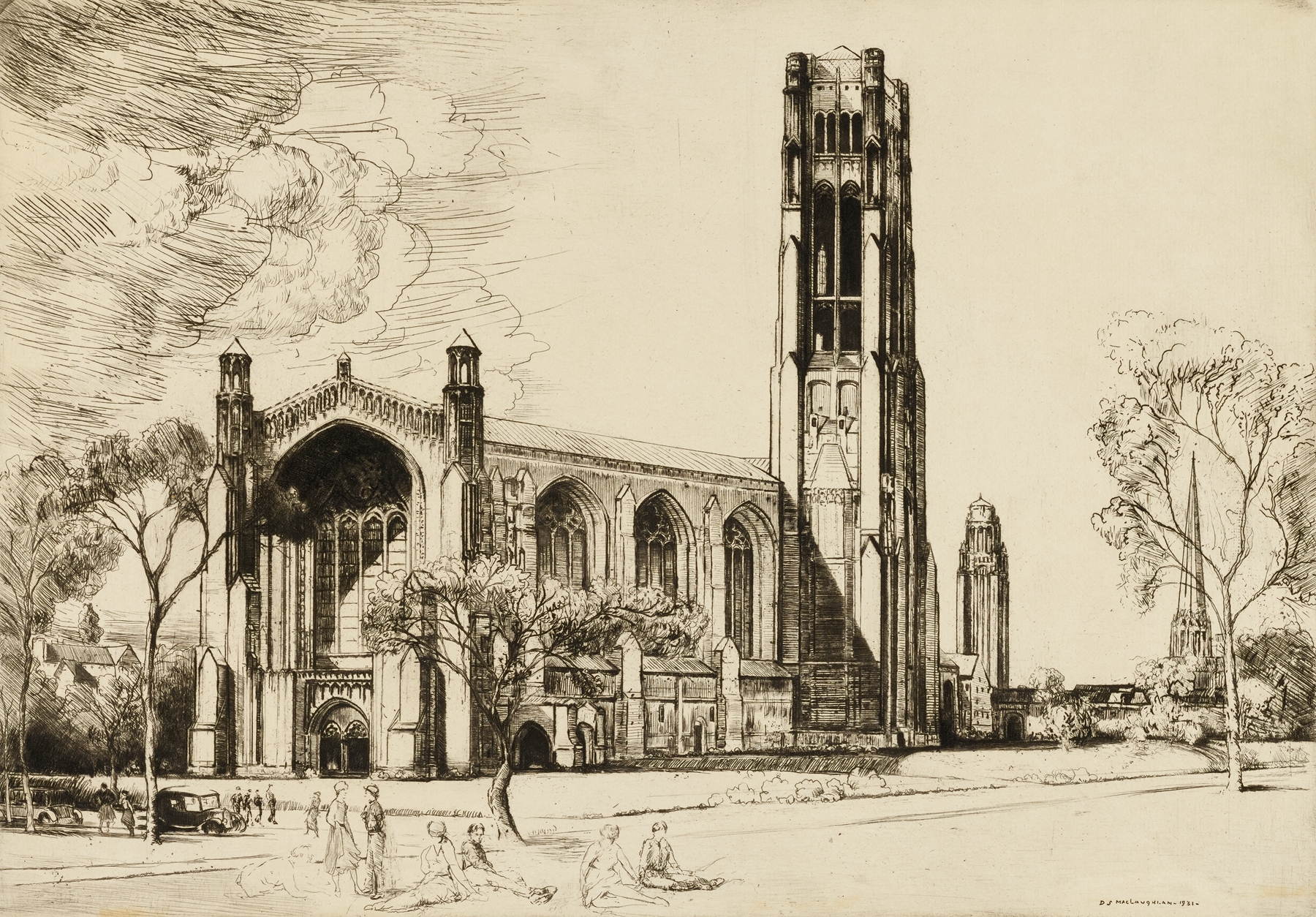 Oil painting by Donald Shaw MacLaughlan depicting a chapel with light and shadow.