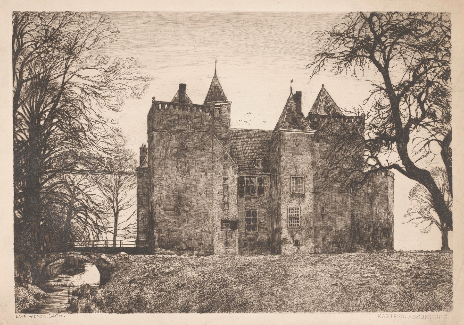 Kasteel Assumburg by Willem Wenckebach, oil on canvas depicting a tranquil landscape with a castle.