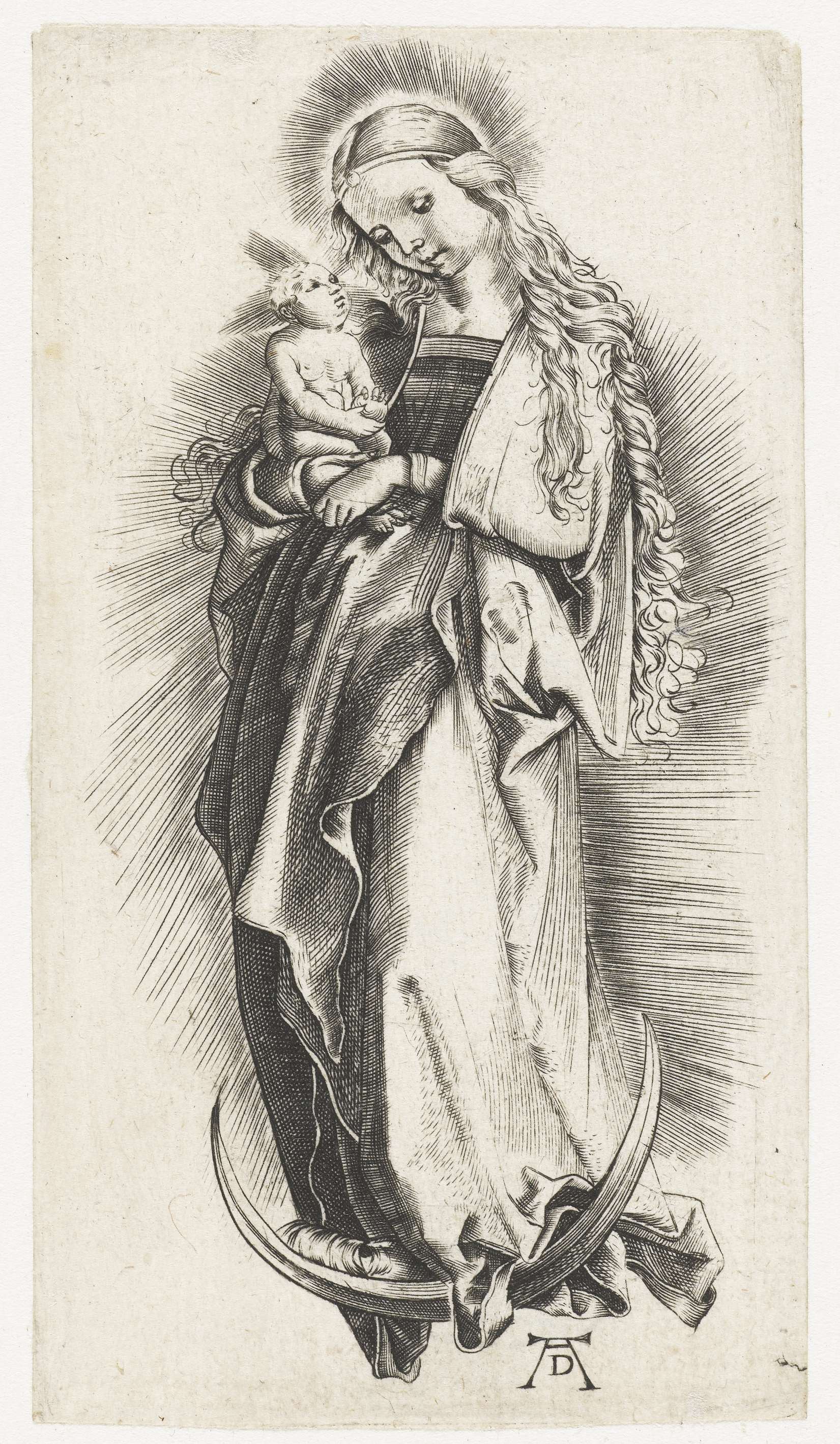 Engraving by Unknown Artist depicting the Virgin and child on a crescent moon