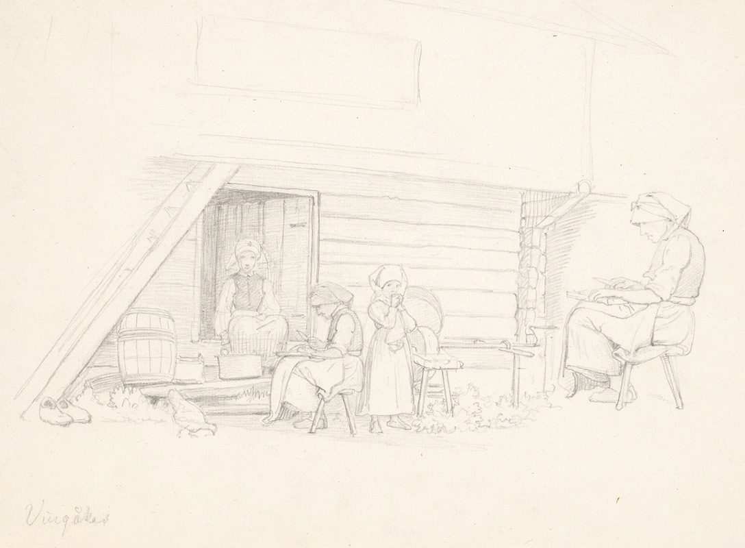 A depiction of a Swedish woman and three children outside a house in Vingåker.