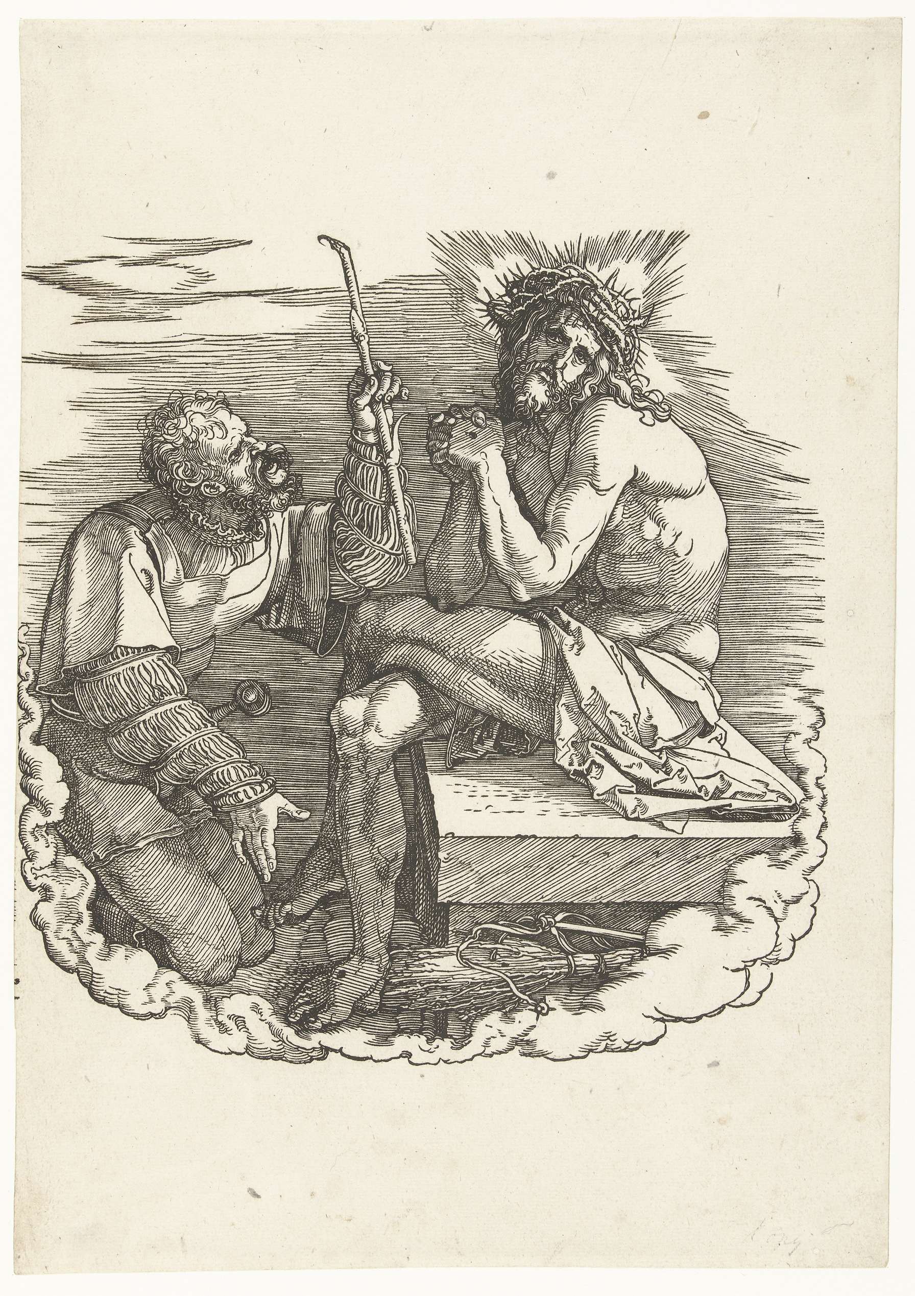 Christus als Man van Smarten, bespot door een soldaat, by Albrecht Dürer, public domain