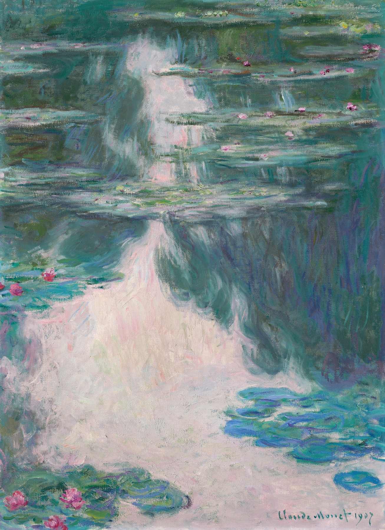 Nymphéas, temps gris by Claude Monet, oil painting depicting water lilies and reflections on water.