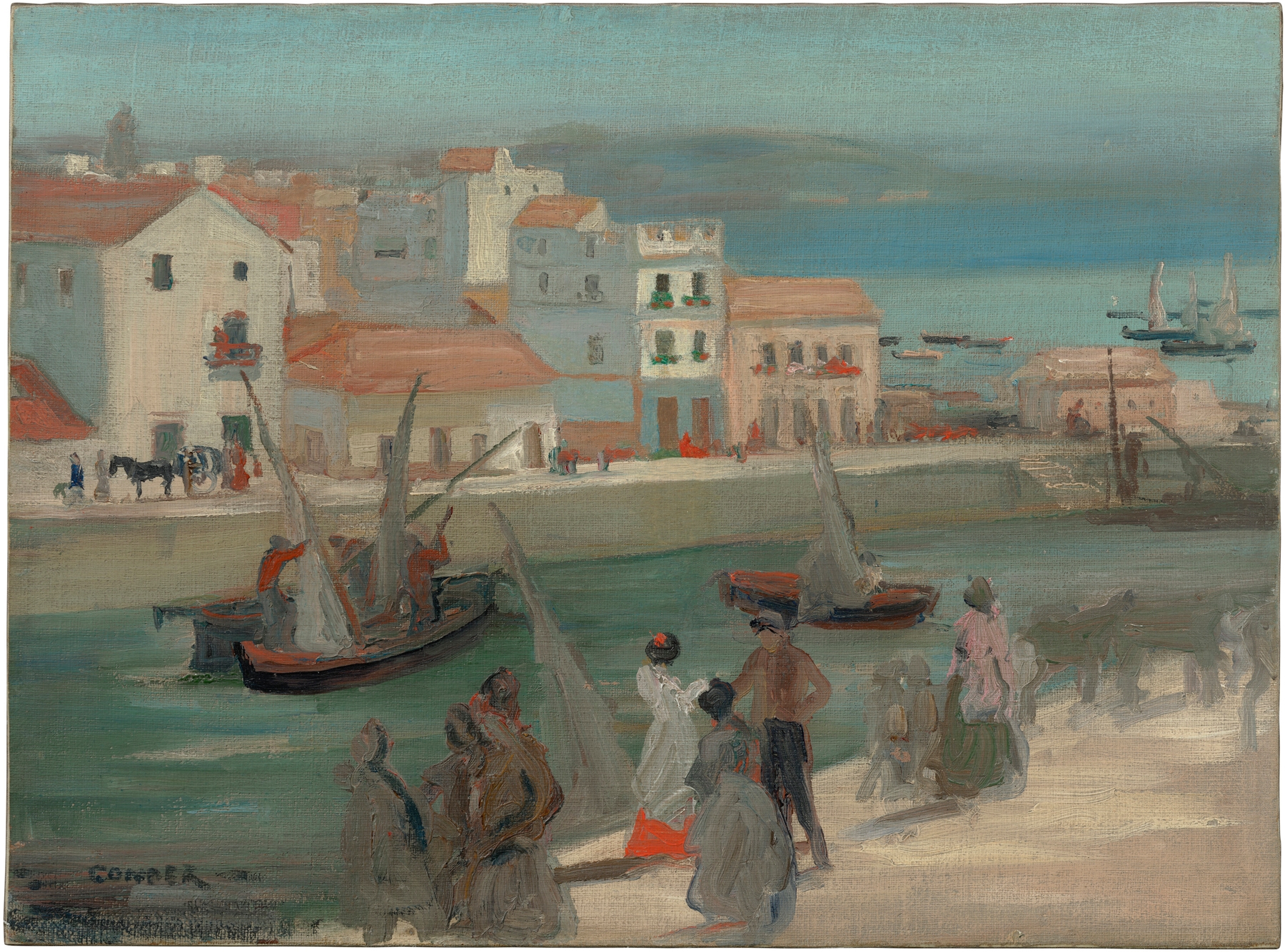 Quayside at Algeciras, Spain by Charles Conder, oil on canvas depicting figures conversing at sunset.