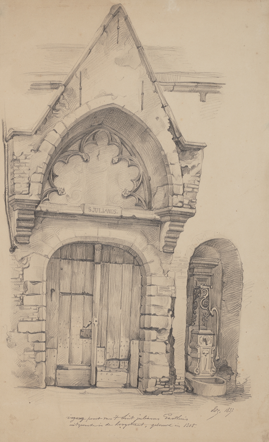 Ingangspoort van het Sint-Julianusgodshuis by Edward Dujardin, oil painting depicting an intricate stone archway.