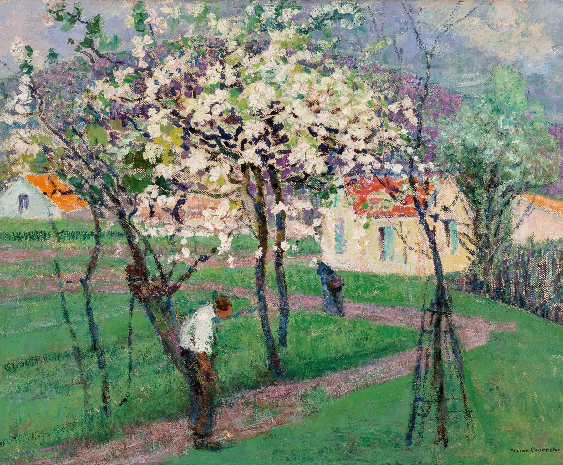 Spring trees in vibrant greens, oil on canvas by Victor Charreton
