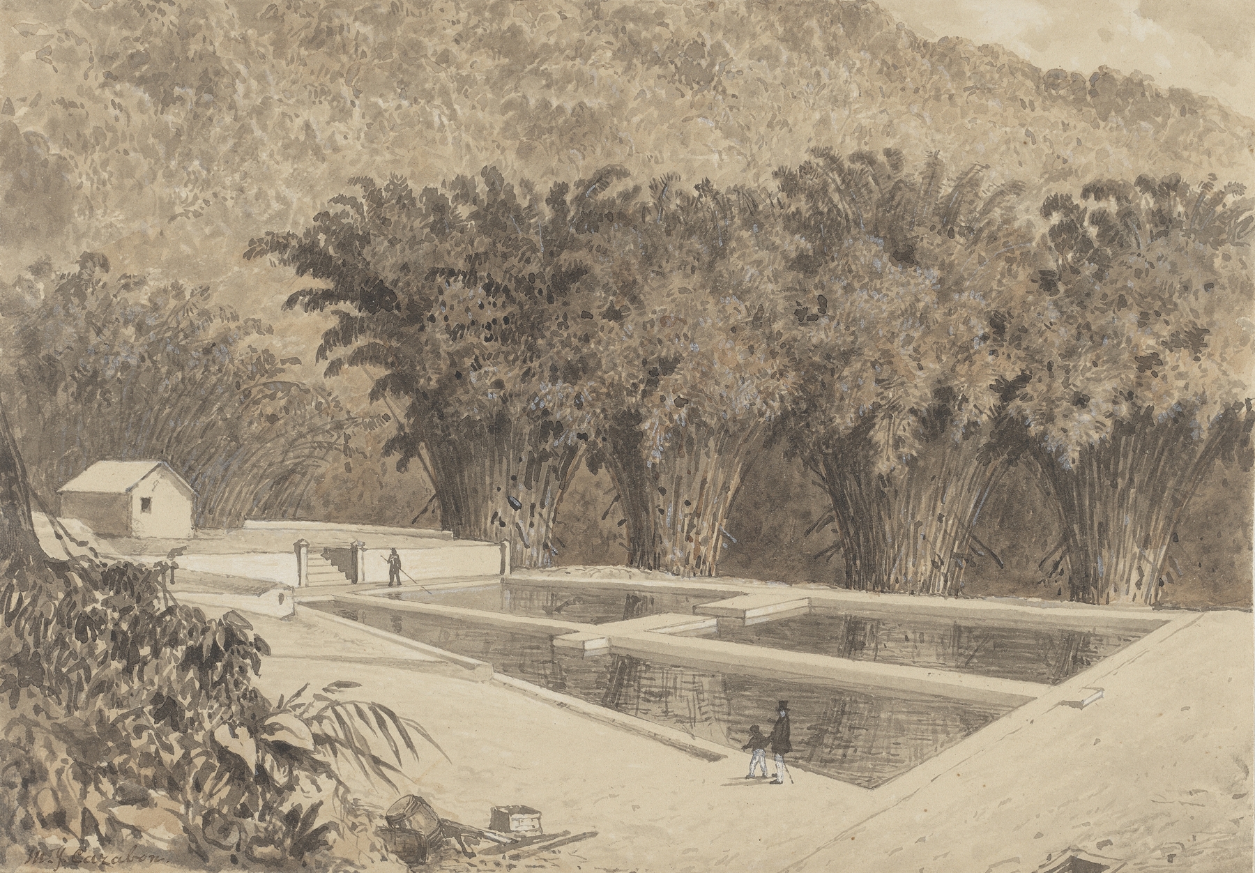 The Reservoir at Maraval by Michel Jean Cazabon, oil painting depicting a tranquil landscape with water and foliage.