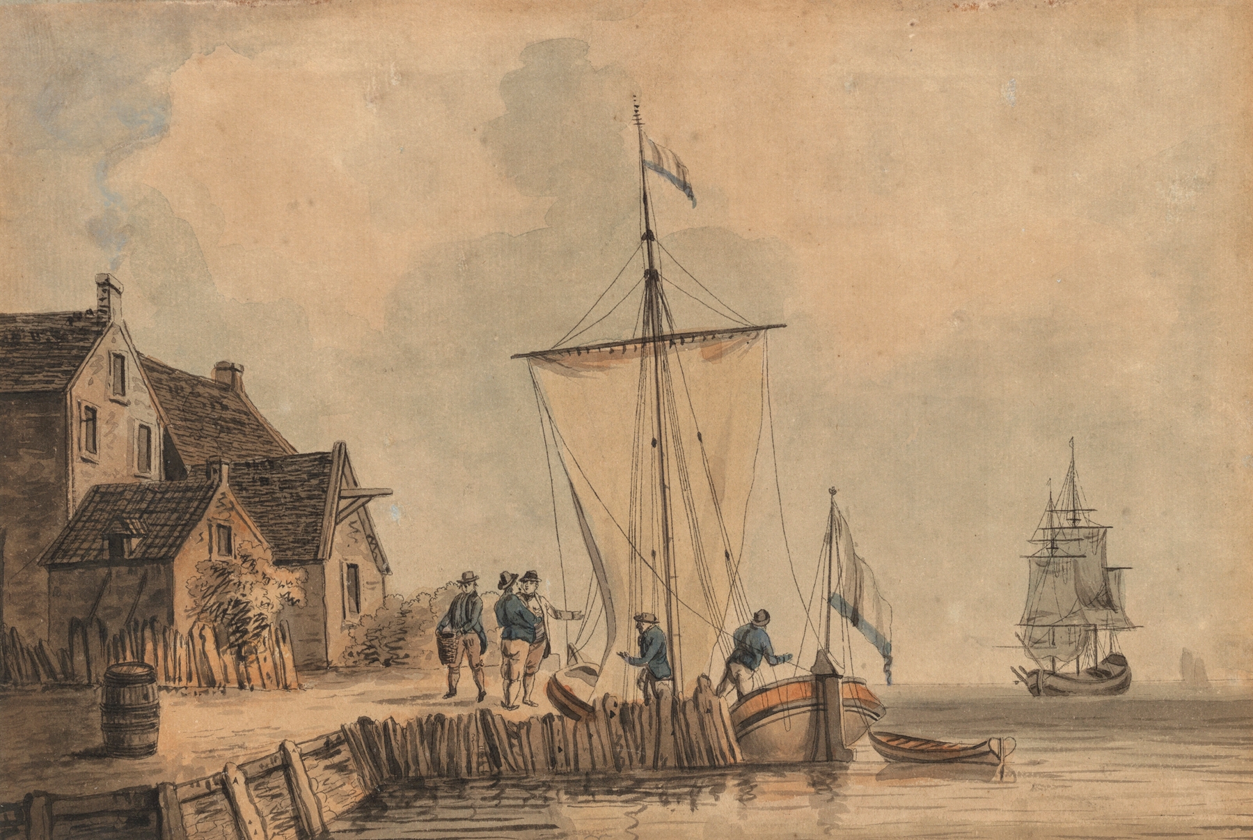 Figures embarking from a quay, oil on canvas by Samuel Atkins