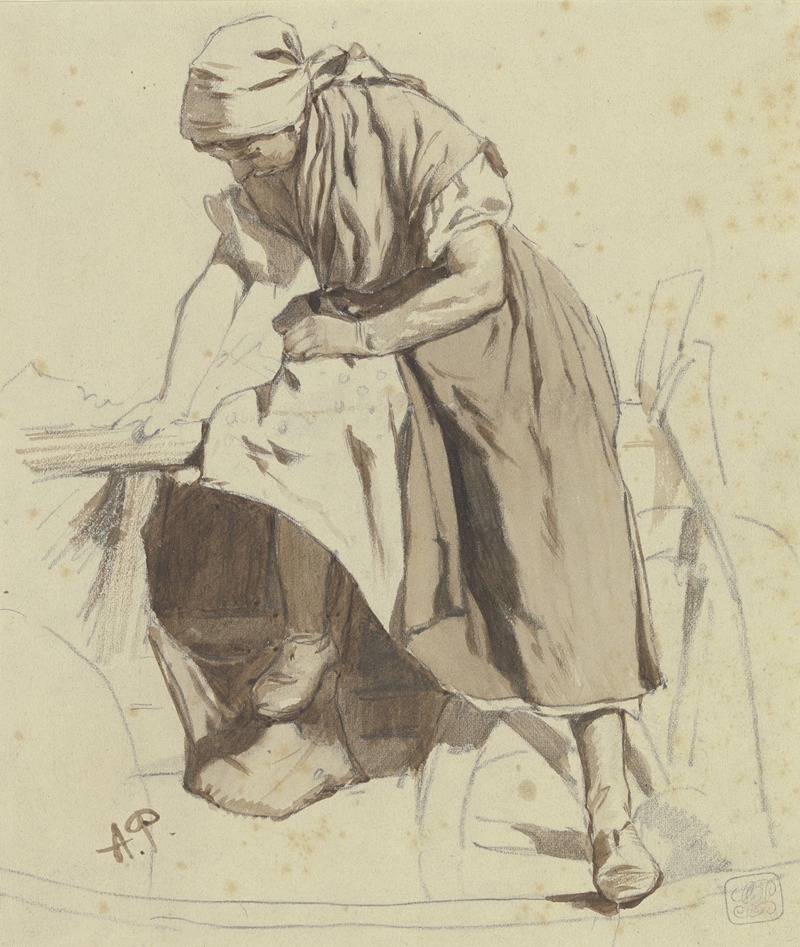 A Hungarian peasant woman prepares to step onto a cart.