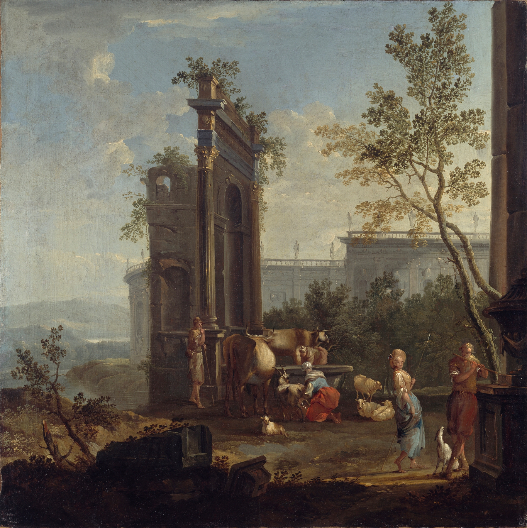 A Capriccio with Pastoral Figures and Animals by Willem van der Hagen, oil on canvas depicting a lush landscape.