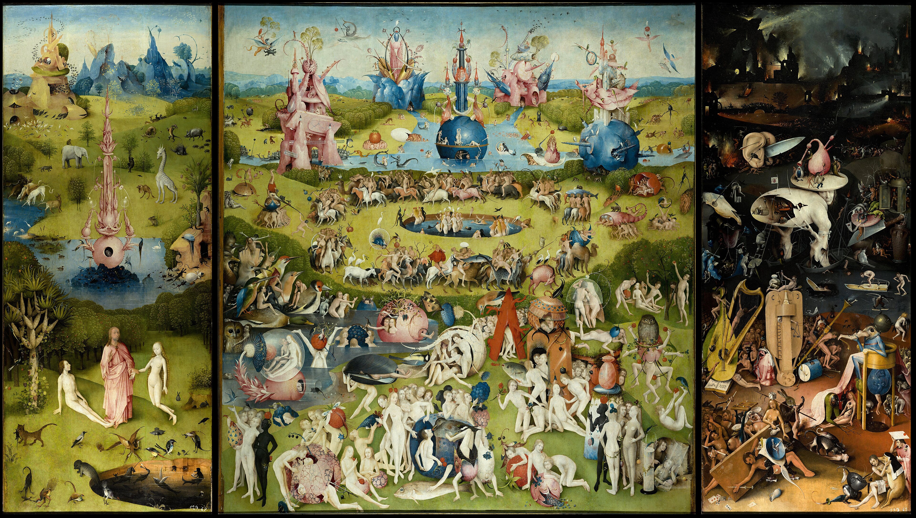 The Garden of Earthly Delights, oil painting by El Bosco, depicting paradise, nude figures, and hell.
