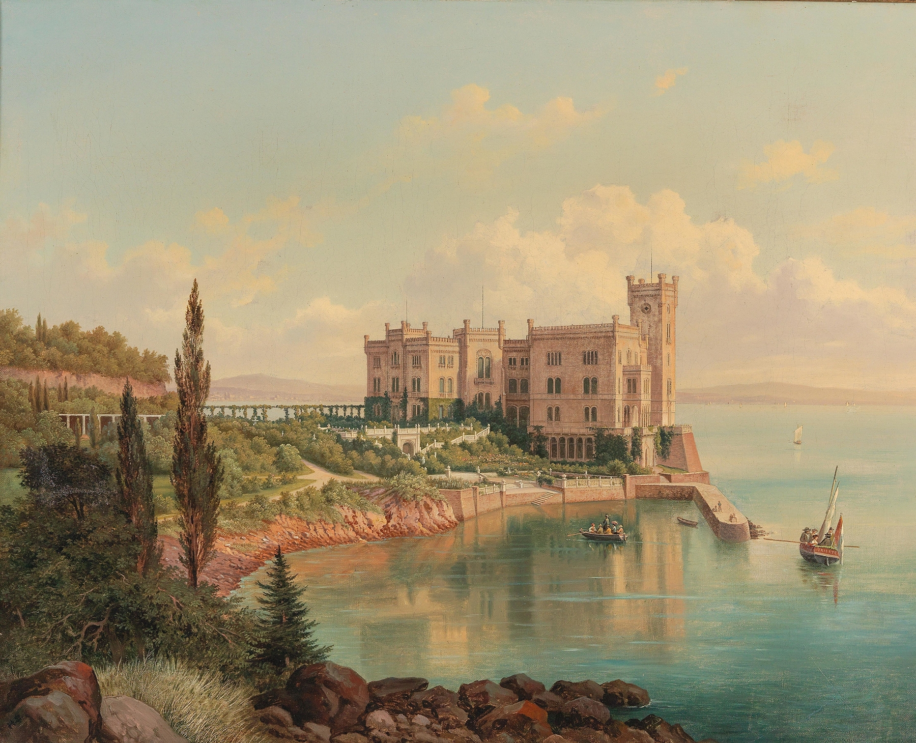 View of Miramare Castle near Trieste, by Hubert Sattler, public domain