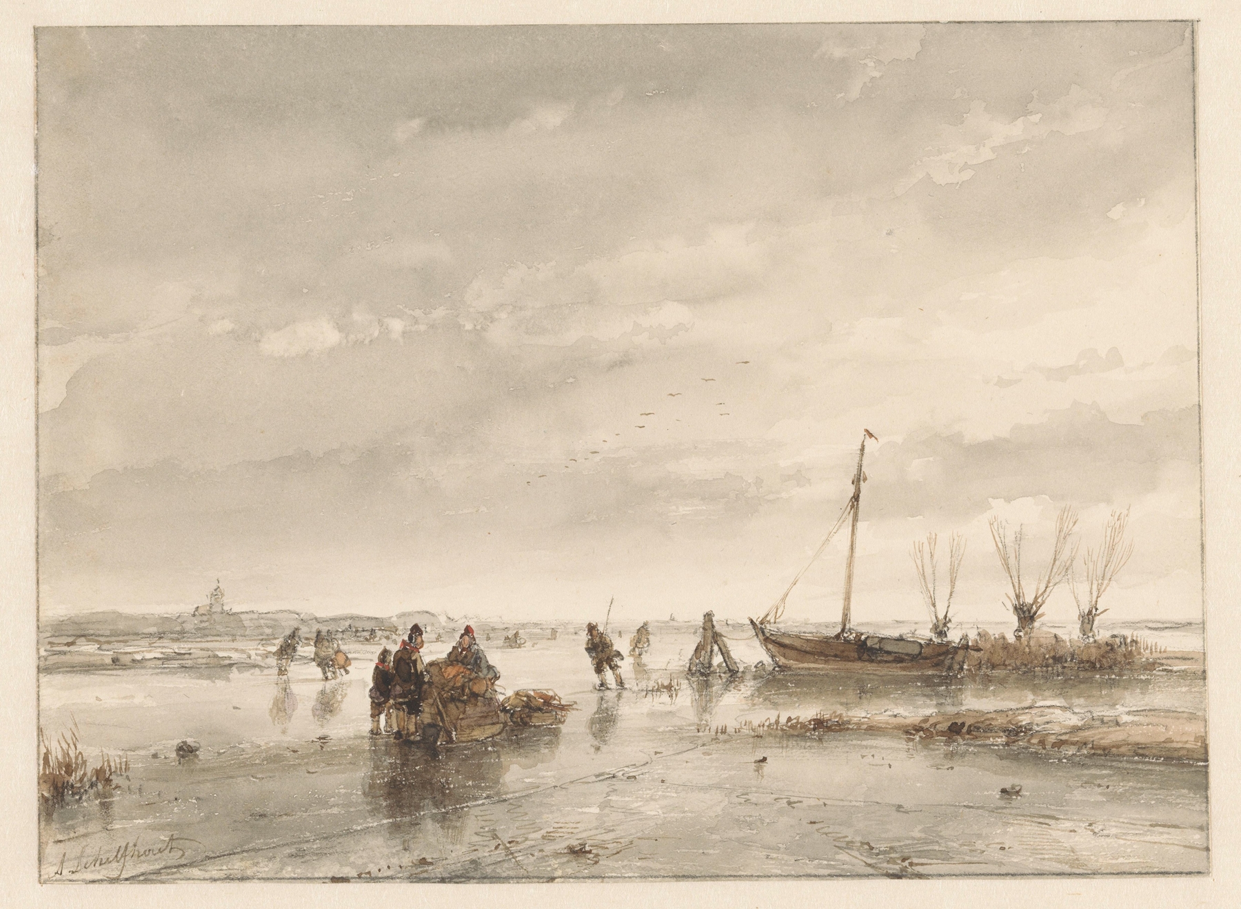 Winterlandschap met bevroren meer, by Andreas Schelfhout, public domain