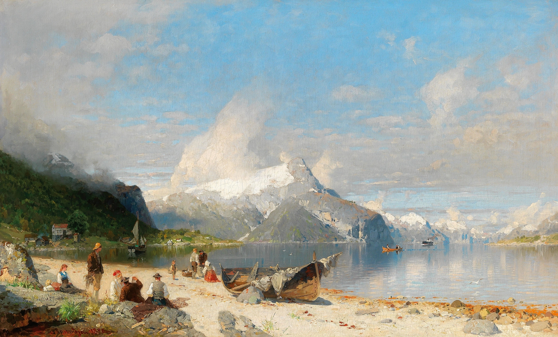 Landscape of a fjord with hills and sunlight, oil painting by Georg Anton Rasmussen