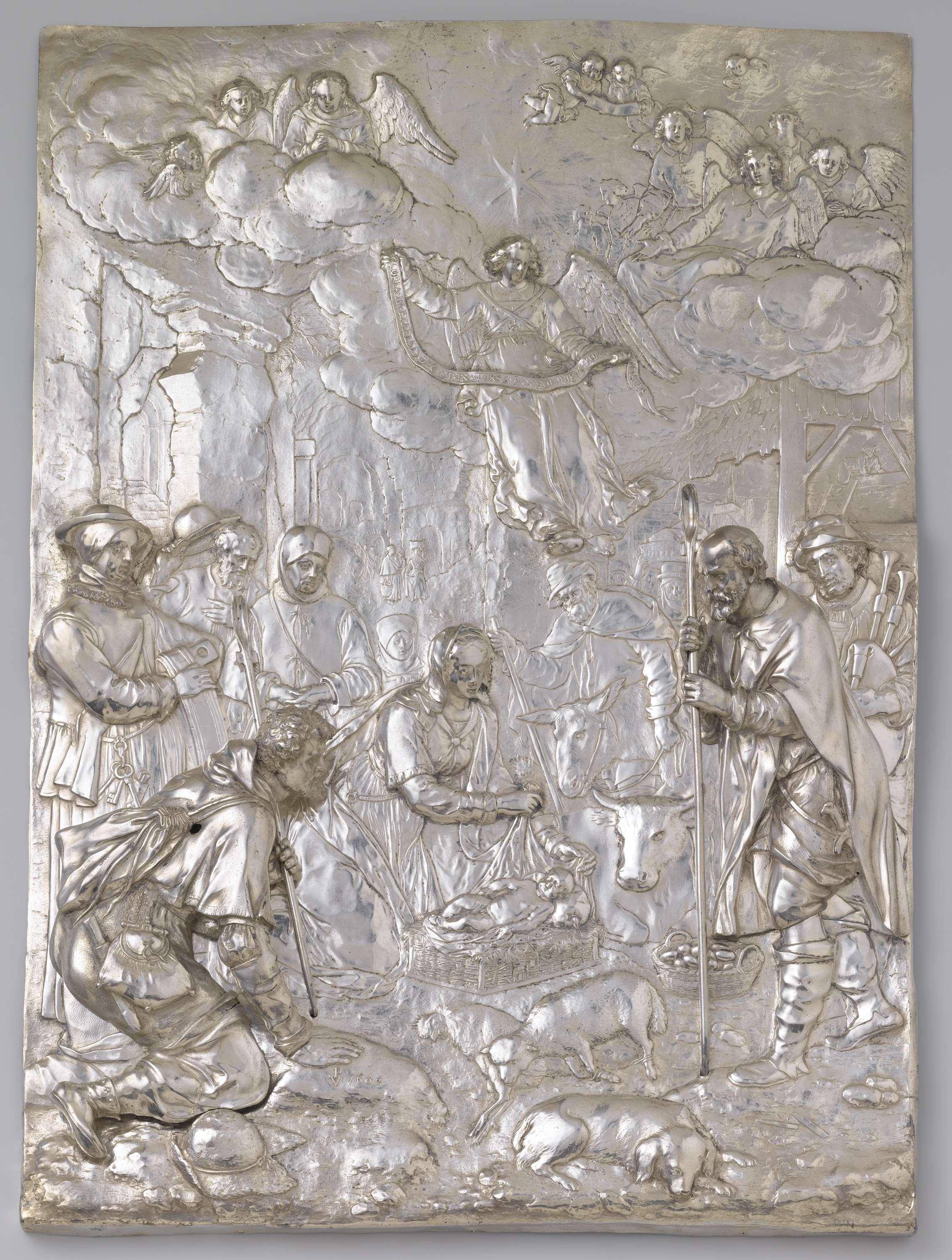 The Adoration of the Shepherds by Paulus Willemsz. van Vianen, silver medium, depicting shepherds in reverence.