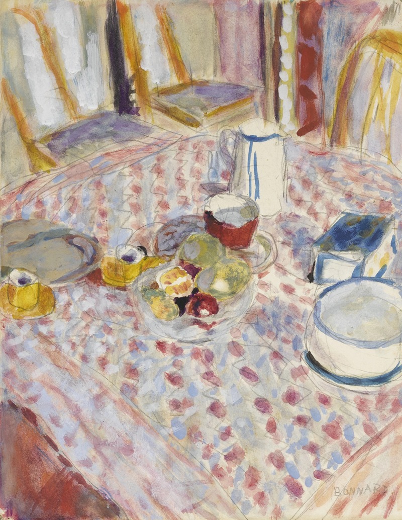 This painting features a vibrant still life arrangement on a red checkered tablecloth.