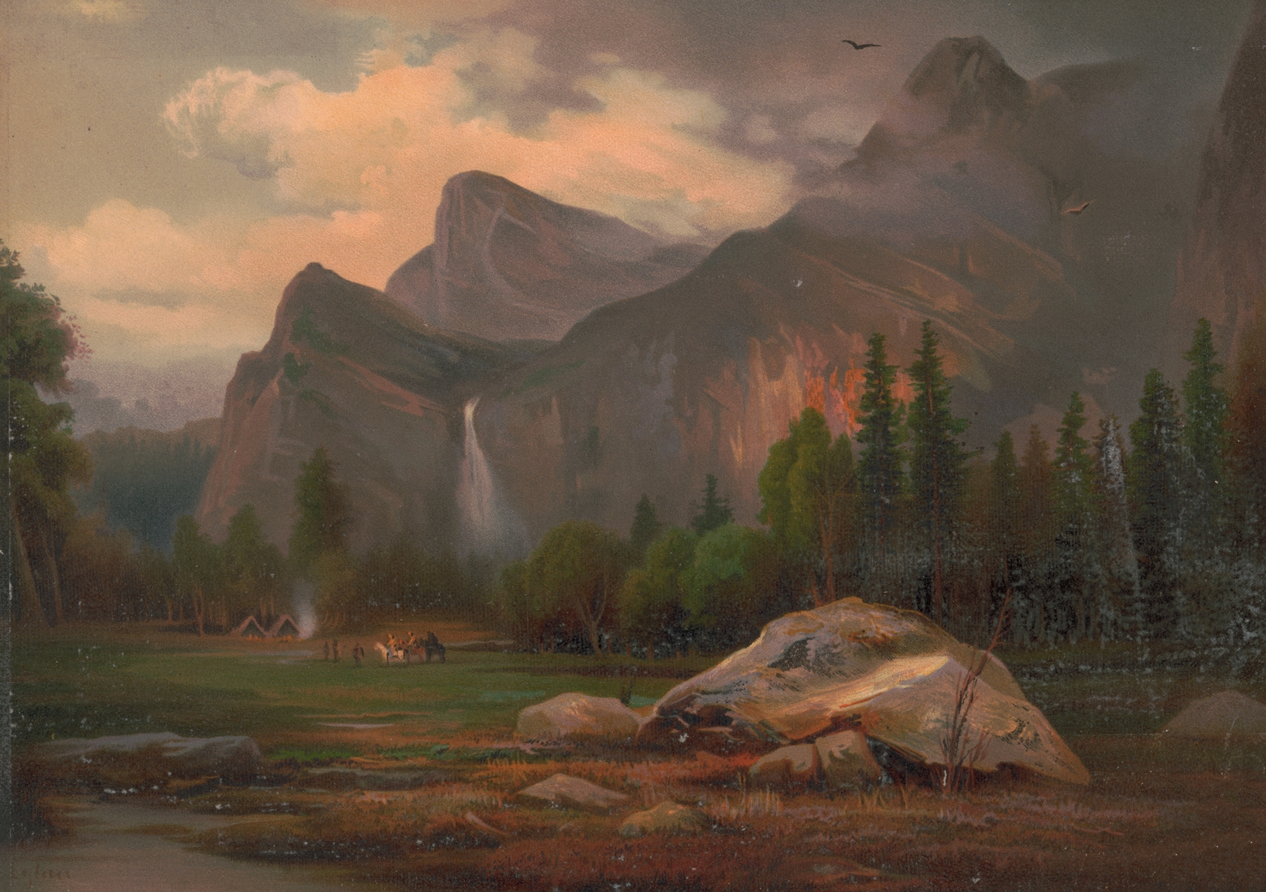 Cathedral Rocks landscape by Edmund Foerster & Co., oil painting depicting towering stone formations under a blue sky.