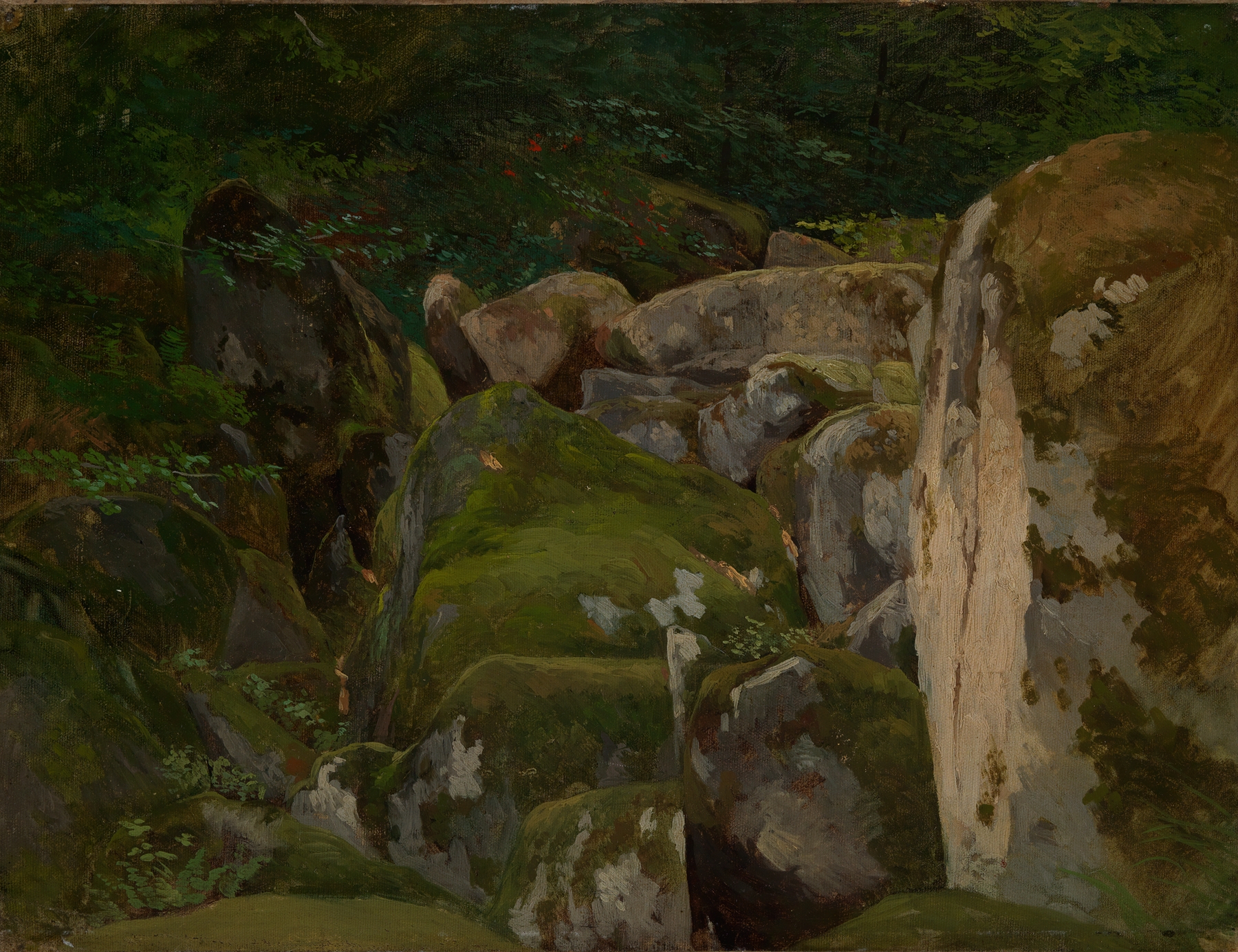 Bemooste Felsen im Waldtal, by Eugen Bracht, public domain