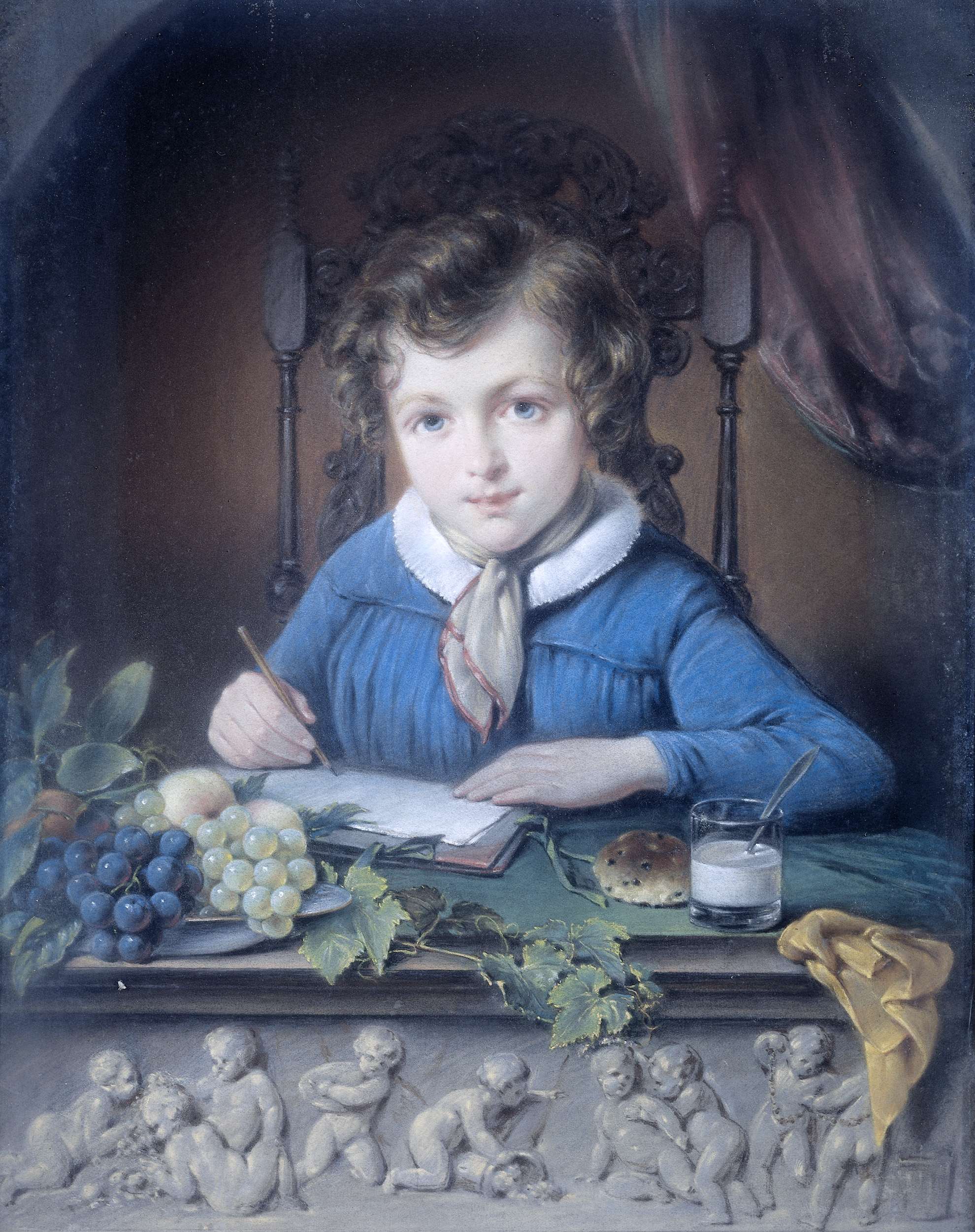 Portrait of a boy in a blue jacket, seated in a window niche, by Jean Augustin Daiwaille, paper