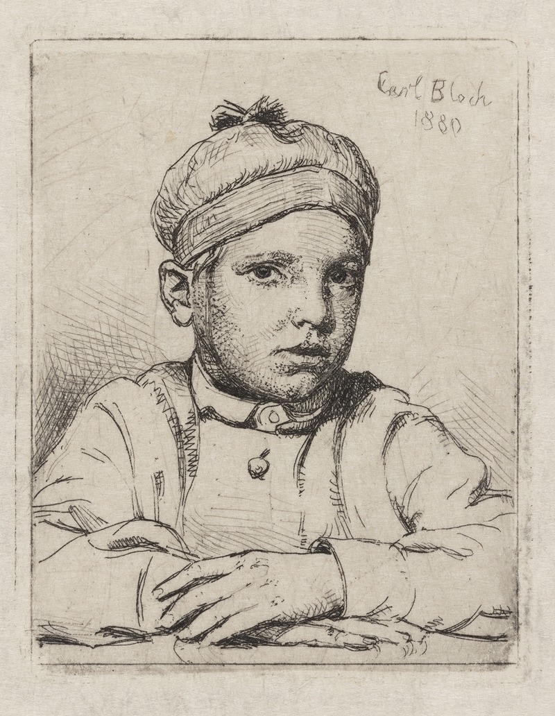A portrait of a young boy wearing a hat by Carl Bloch.