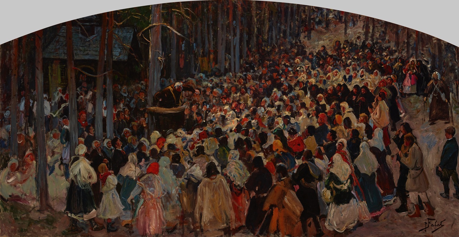A lively scene depicting a sermon at a church fair.
