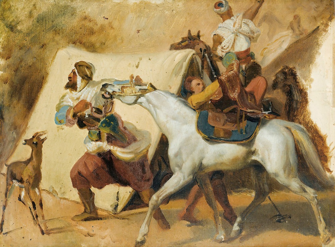 This painting depicts a historical military scene involving Abd el Kader's Smalah.