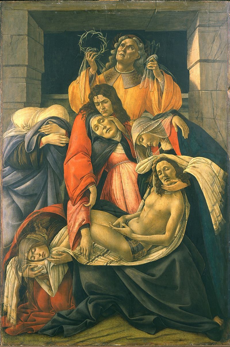 The Lamentation over the Dead Christ by Sandro Botticelli depicts a poignant scene of mourning.