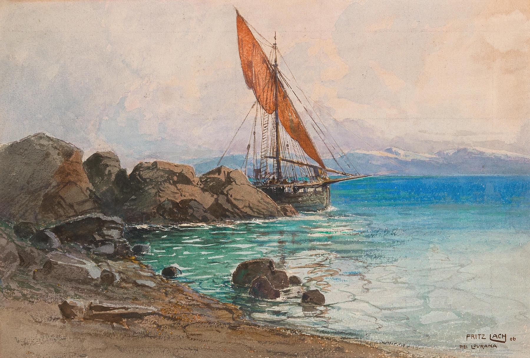 Sailing boat near the coast, oil painting by Fritz Lach