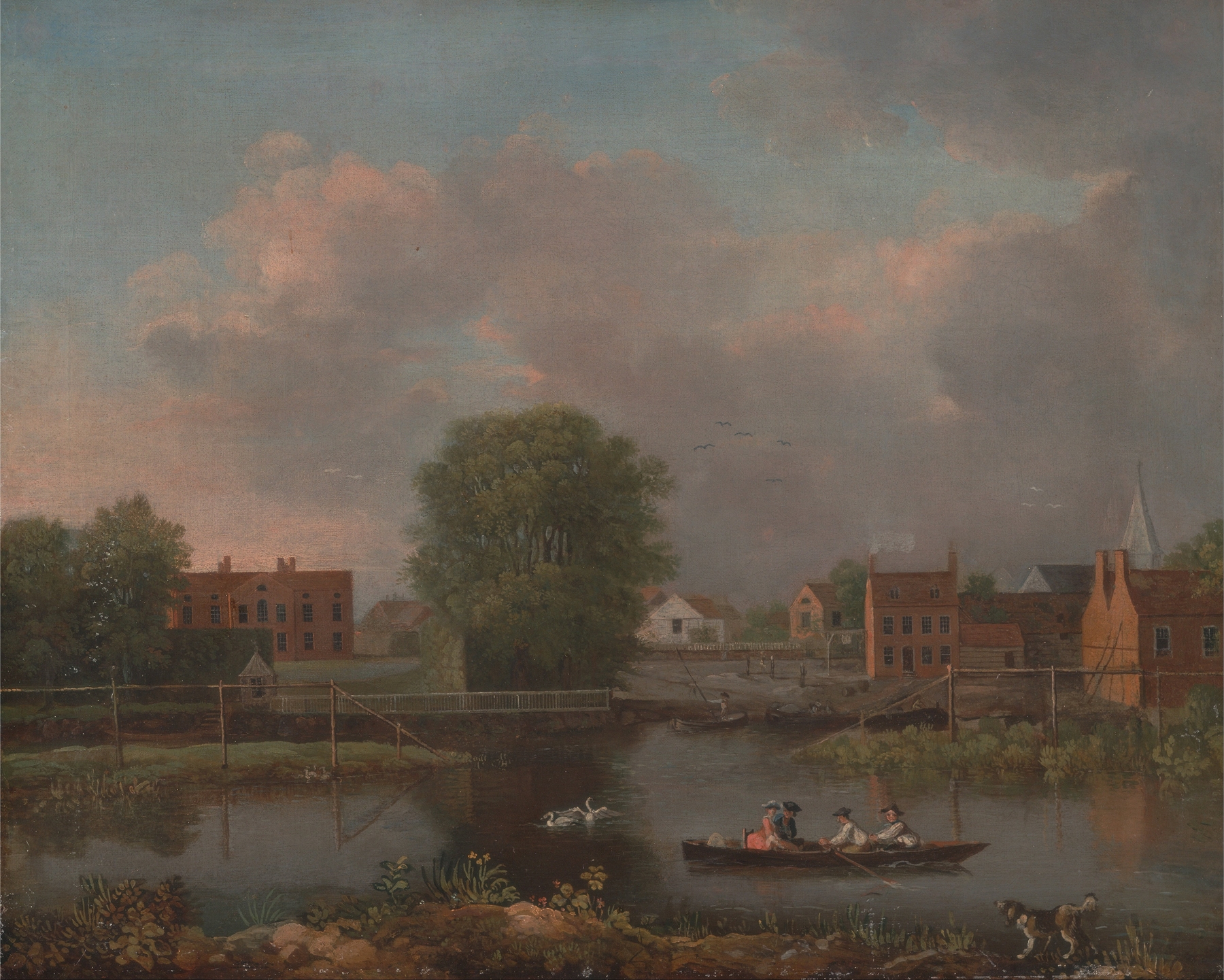 A River Landscape by John Inigo Richards, oil on canvas, depicting a tranquil river scene.