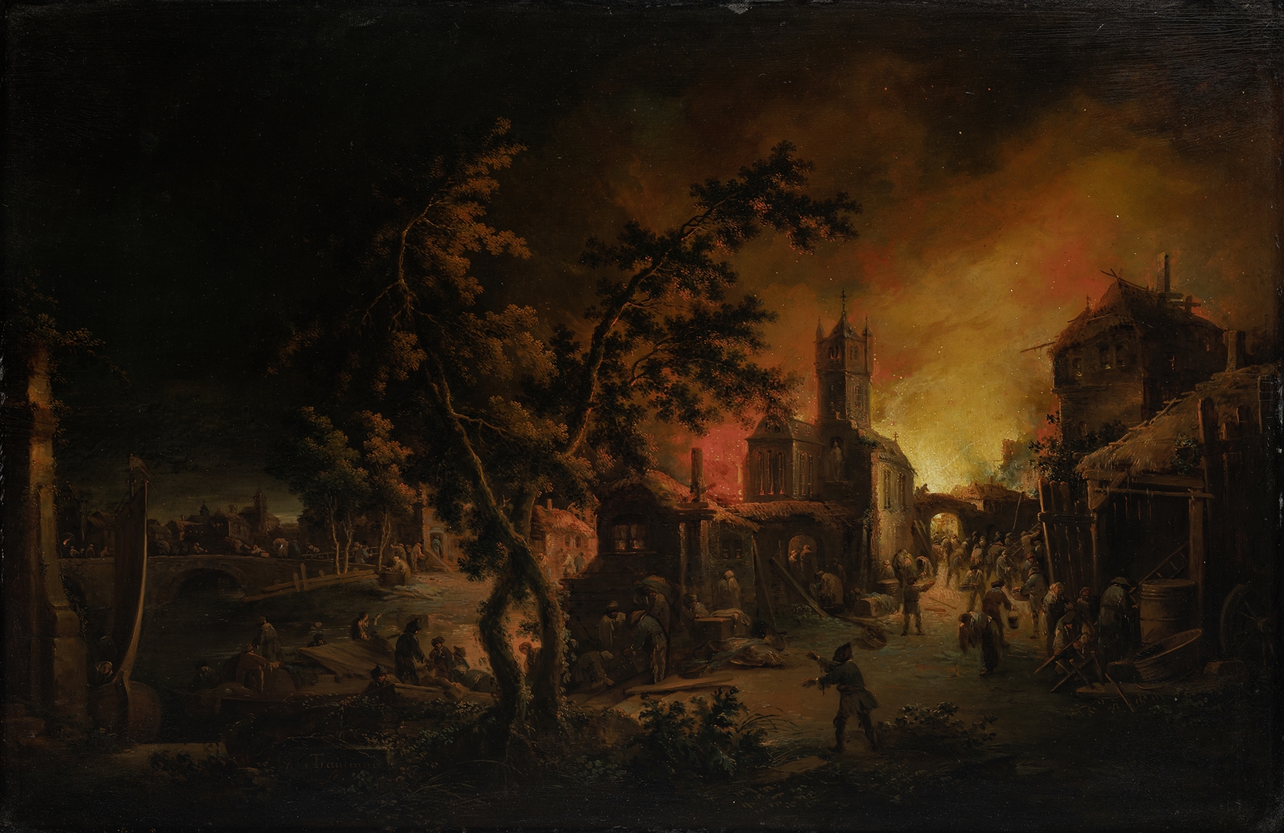 Conflagration at Night, oil painting by Johann Georg Trautmann depicting a fiery landscape.