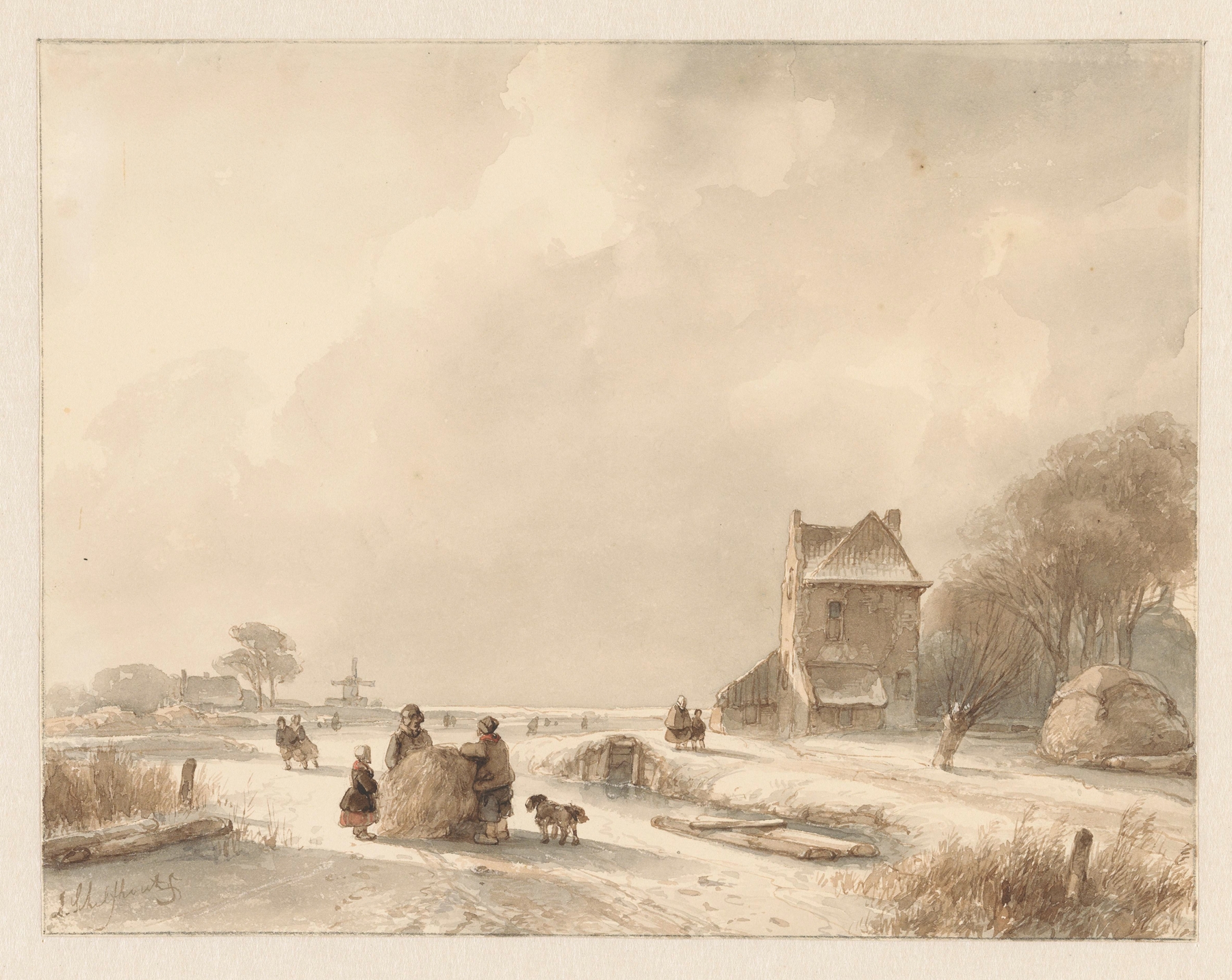 Winterlandschap met hooislee en schaatsers, by Andreas Schelfhout, public domain