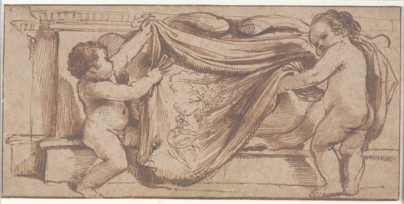 Guercino's painting features two putti playfully covering a cartouche with a tapestry of a lute player.
