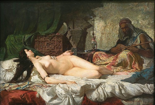 A captivating depiction of an odalisque by Mariano Fortuny Marsal.
