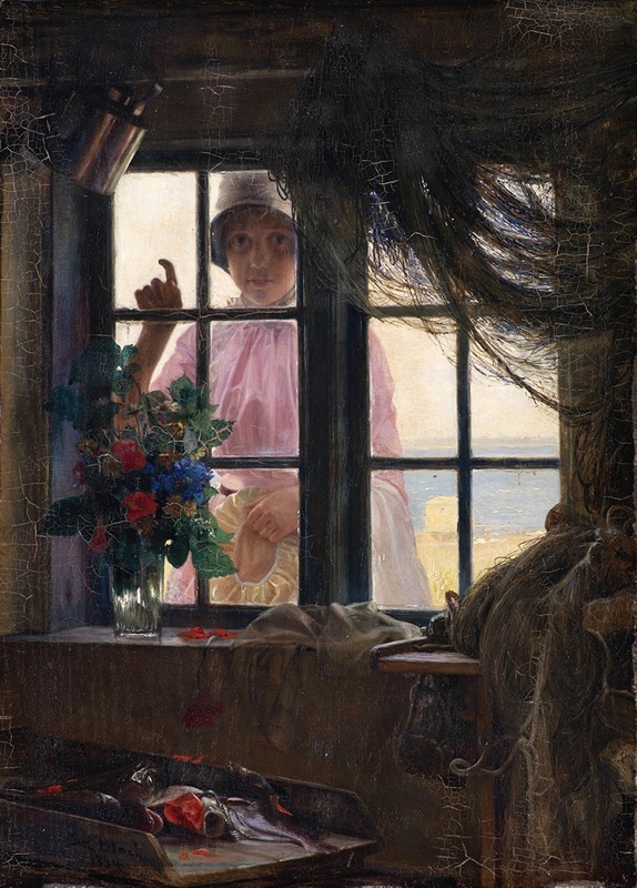 A young girl knocks at a fisherman's window after her bath.