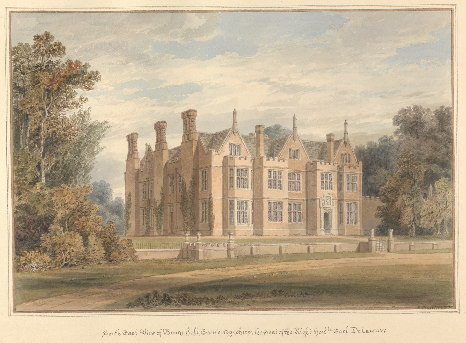 South East View of Bourn Hall, Cambridgeshire, watercolor on paper by John Buckler