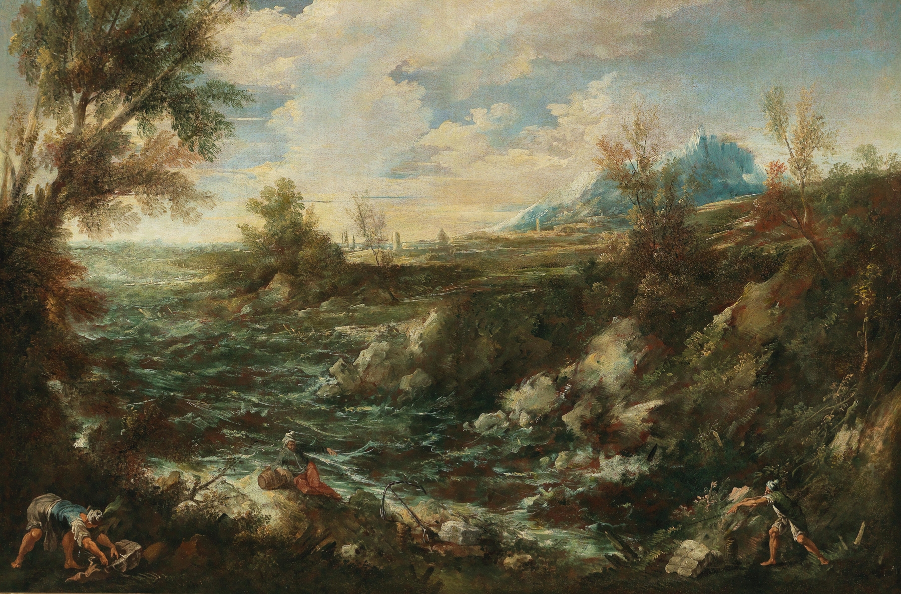 River landscape by Antonio Francesco Peruzzini, oil painting depicting a tranquil river with reflections.