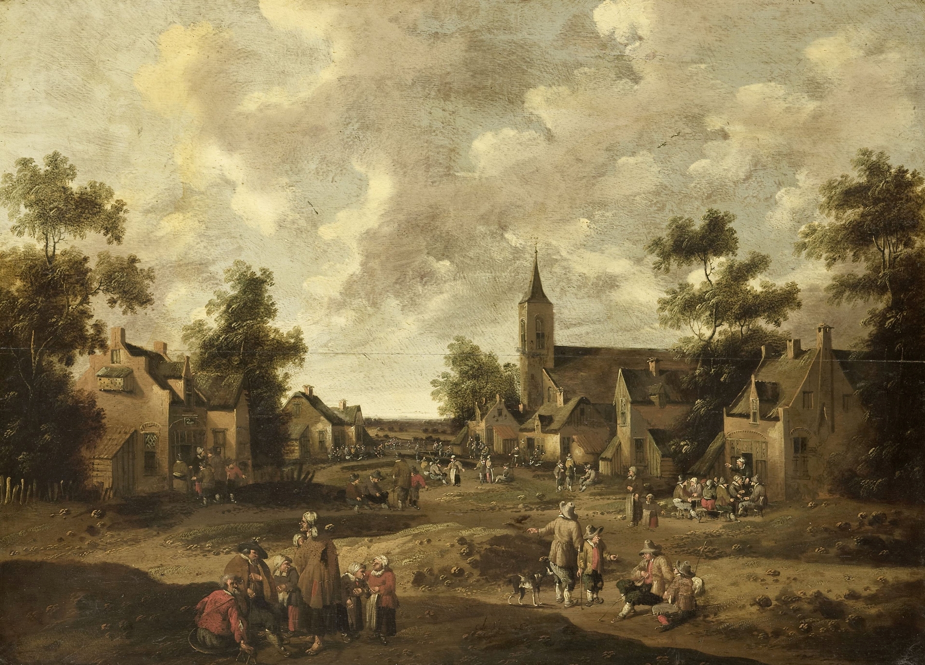 Village street scene by Joost Cornelisz Droochsloot, oil painting