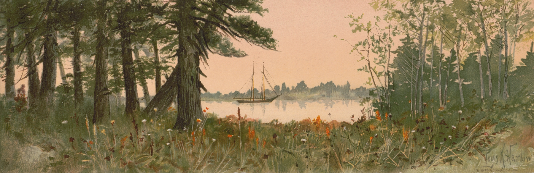 Old Hemlocks by Louis Kinney Harlow, oil on canvas depicting towering trees and dappled sunlight.